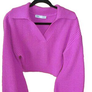 Zara Size XS Hot Pink Balloon Sleeves Cropped Knitted Sweater